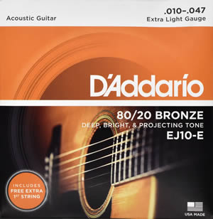 D'Addario 80 20 Bronze Round Wound Acoustic Guitar Strings EJ10-E (Extra Light 10-47)
