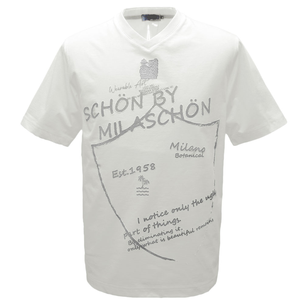 ５０％OFF 春夏 ミラショーン Vのど首 しろがね色ラメPT半袖Ｔシャツ (白) (M)(L)(LL)TS*04732427215601【25/1/23】【薄っぺら】【綿ポリ】【milaschonsports】【運動競技】【milaschon/メンズ/服/取りまわし店/ゴルフ】【相応う】【楽ギフ_荷造り】