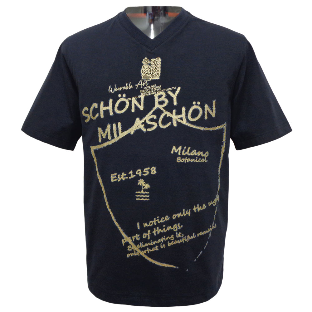５０％OFF 春夏 ミラショーン Vのど首 ゴールドラメPT半袖Ｔシャツ (紺) (M)(L)(LL)TS*04732427215659【25/1/23】【薄っぺら】【綿ポリ】【milaschonsports】【運動競技】【milaschon/メンズ/服/取りまわし店/ゴルフ】【相応う】【楽ギフ_荷造り】