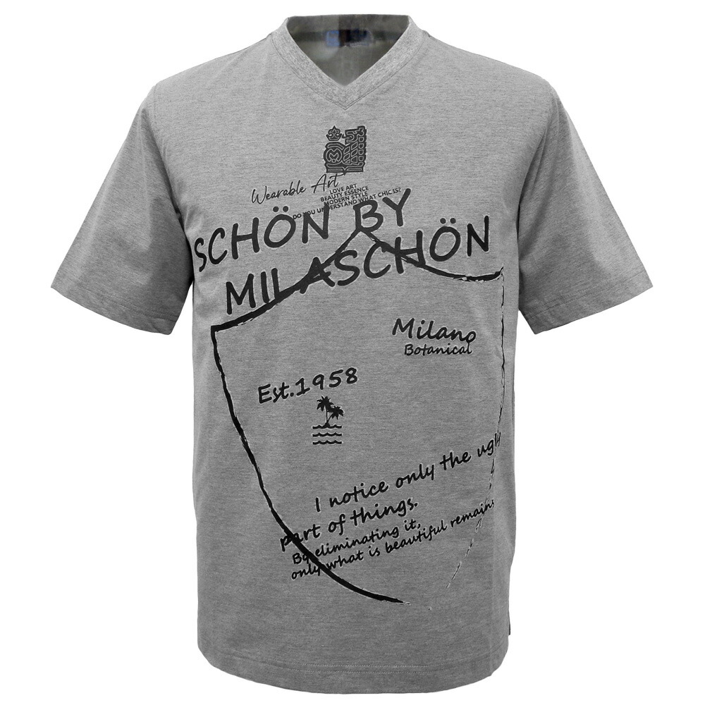５０％OFF 春夏 ミラショーン Vネック シルバーラメPT半袖Ｔシャツ (グレー) (M)(L)(LL)TS*04732427215695【25/1/30】【薄手】【綿ポリ】【milaschonsports】【milaschon/メンズ/服/取扱店/ゴルフ】【スポーツ】【ギフト包装無料】