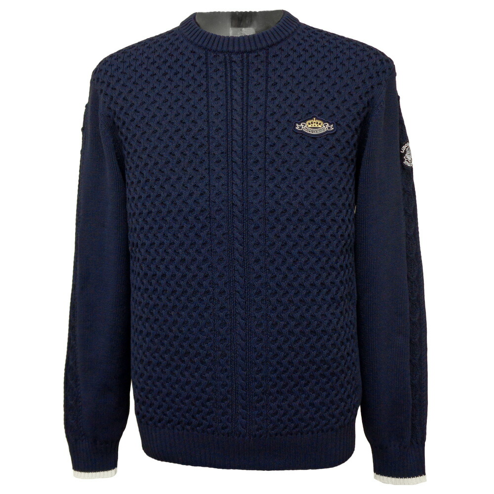 ３０％OFF 秋冬 シナコバ 有線テレビ編み柄 PE丸首プルオーバー (紺) (M)(L)(LL) SW*0123212010290【25/12/6】【労働者の一団のど頚】【提げ篭編】【有線テレビ編】【ポリエステル編み物】【SINA COVA】【sinacova】 シナコバ 販売店
