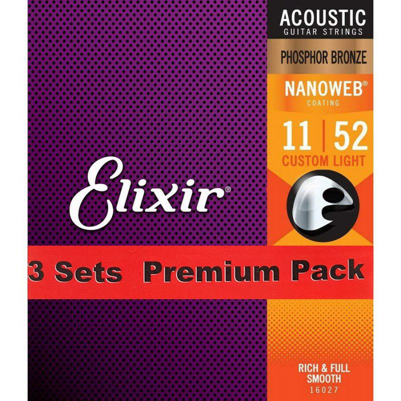 ELIXIR Acoustic Phosphor Bronze with NANOWEB Coating 3SET PACK #16027  Custom Light 11-52 58％以上節約