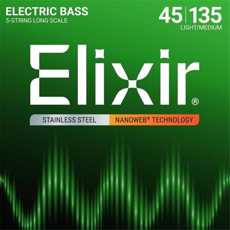 ELIXIR Stainless Steel Bass Strings with ultra-thin NANOWEB Coating(5-String Light/Medium B/Long 045-135)#14782