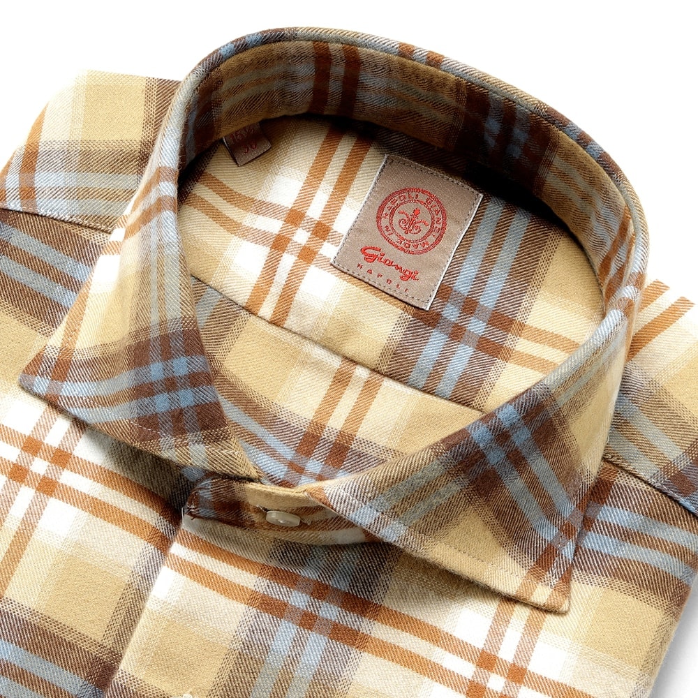 【SALE】ジャンジ GIANGI ／ コットンフランネルチェックホリゾンタルワイドカラーシャツ「ROMA」（ベージュ×赤銅色×サキソフォン青色）【ラッピング相応う】／ 秋冬 フランネルプルオーバー 心地よいプルオーバー ビエラシャツ メンズ