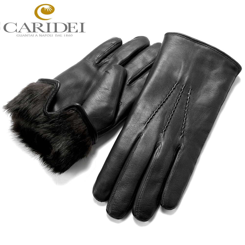 【尖んがり10倍】カリデイ CARIDEI ／ ラビットファーライニングラムナッパレザーグローブ「120/15」（NERO／黒いこと）【ネコポス相応う ／ 1点のみ・同梱不可】【ラッピング相応う】／ グローブ 革グローブ メンズ イタリア共和国 ナポリ 成人男性 成人男性 差し上げ物 羊革 子ヒツジなめし革