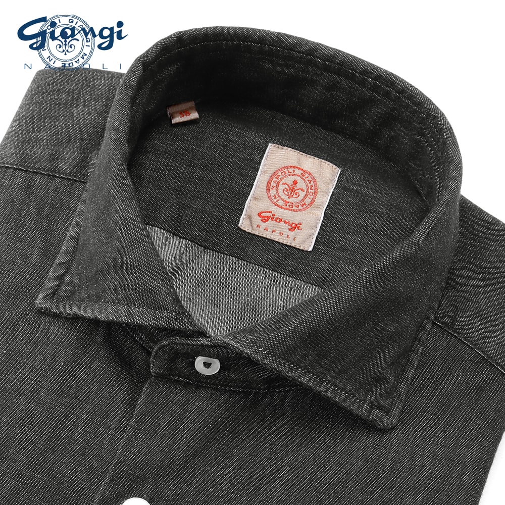 【尖んがり10倍】【SALE】ジャンジ GIANGI ／ コットンデニムホリゾンタルカラーシャツ「ROMA」（黒いこと）【ラッピング相応う】／ メンズ イタリア共和国 心地好いプルオーバー オンオフ兼用 ジーンズプルオーバー オール陽気 トップス-メンズファッション-カジュアルシャツ