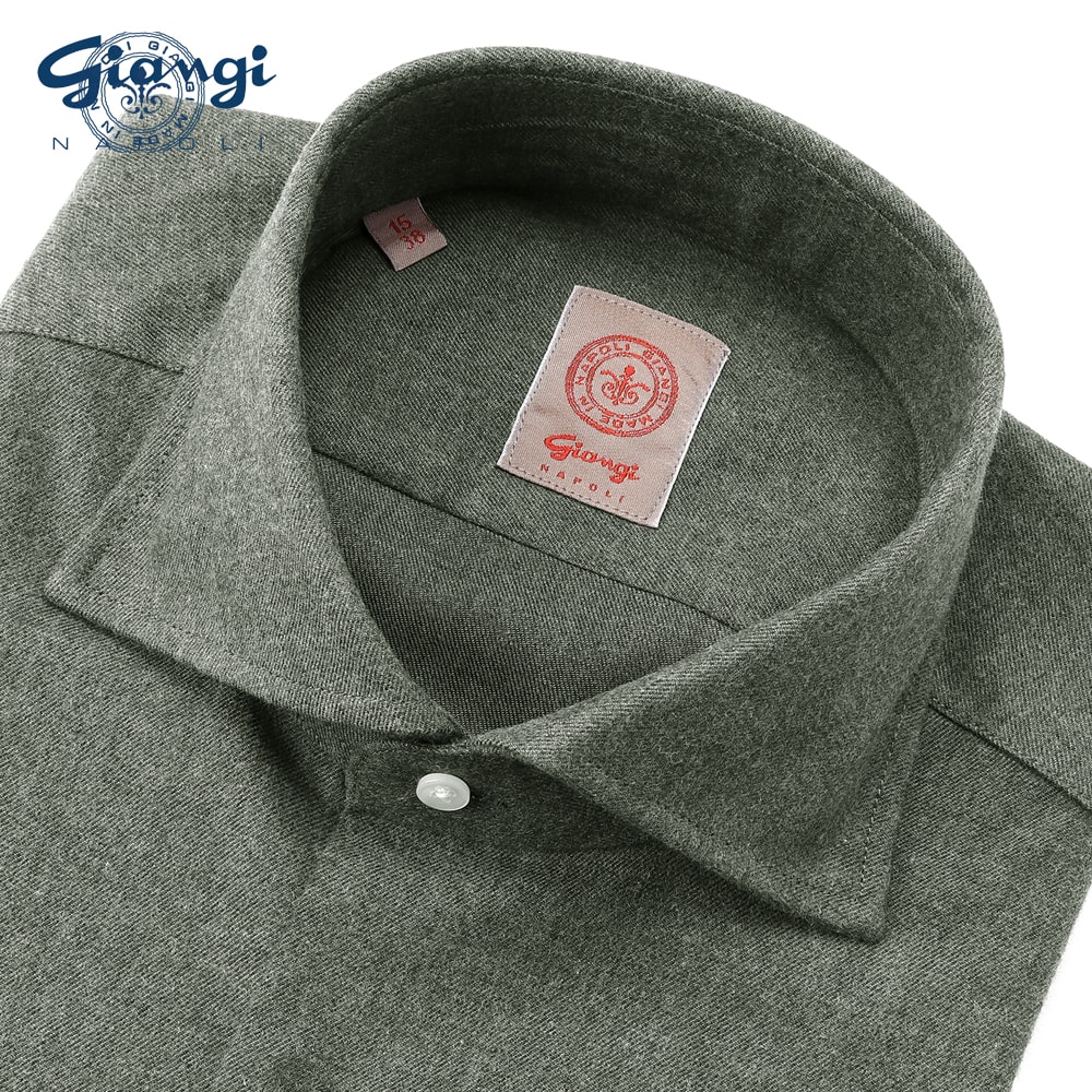 【SALE】ジャンジ GIANGI ／ 綿織物微起毛ツイルホリゾンタルカラーシャツ「ROMA」（グレイッシュダークグリーン）【ラッピング相応う】／ 秋冬 メンズ イタリア共和国 心地よいプルオーバー オンオフ兼用 無地