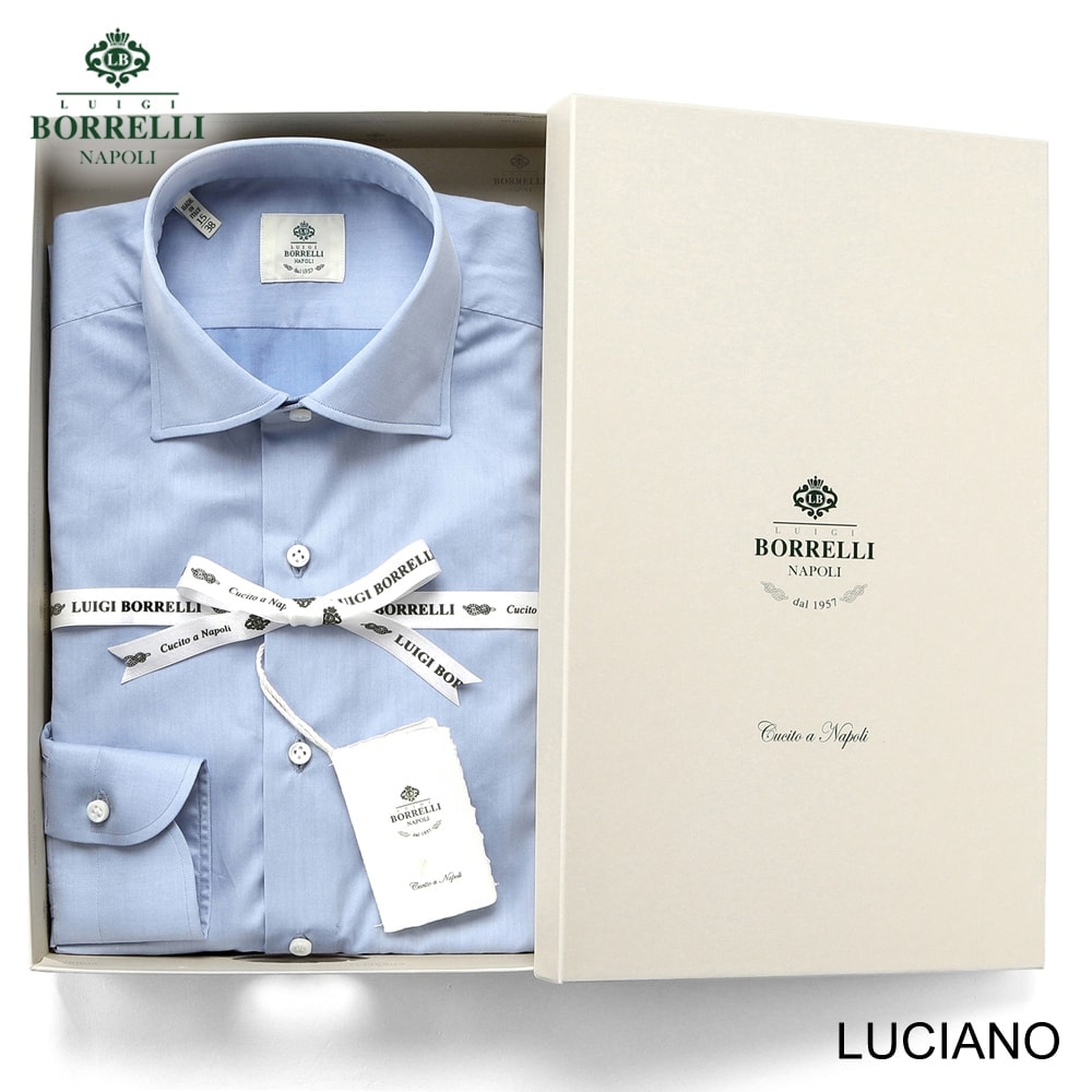 【尖んがり10倍】【訳あり】【返品・取り替えっこ不可】 ルイジボレッリ ルイジボレリ LUIGI BORRELLI ／ 25-26AW コットンツイルセミワイドカラードレスシャツ「LUCIANO(SR1904)」（青碧 ／ 大きさ38）／ メンズ イタリア共和国 手縫い 商行為 Yシャツ ルチアーノ