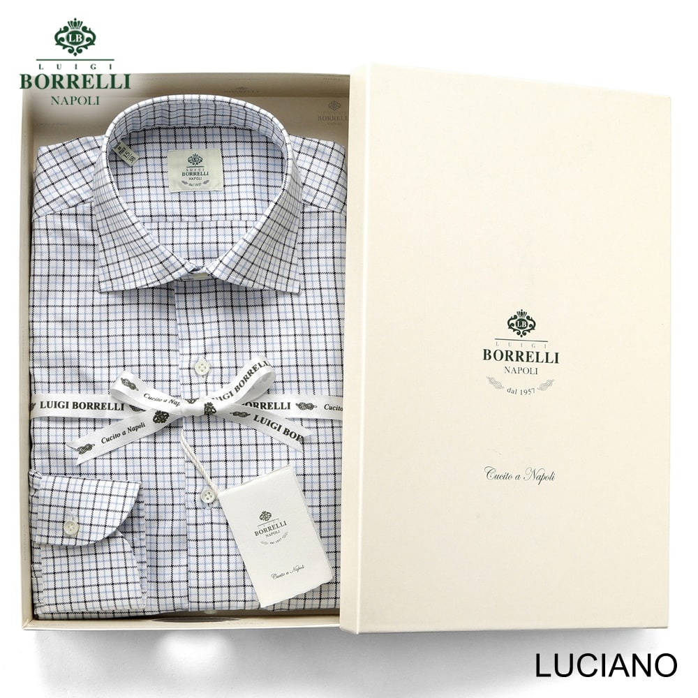 【SALE】ルイジボレッリ ルイジボレリ LUIGI BORRELLI ／ 25-26AW コットンオックスタッターソールチェックセミワイドカラードレスシャツ「LUCIANO(SR3923)」 （ネイビー×サックスブルー×ホワイト） 【ラッピング対応】／ 24,602円
