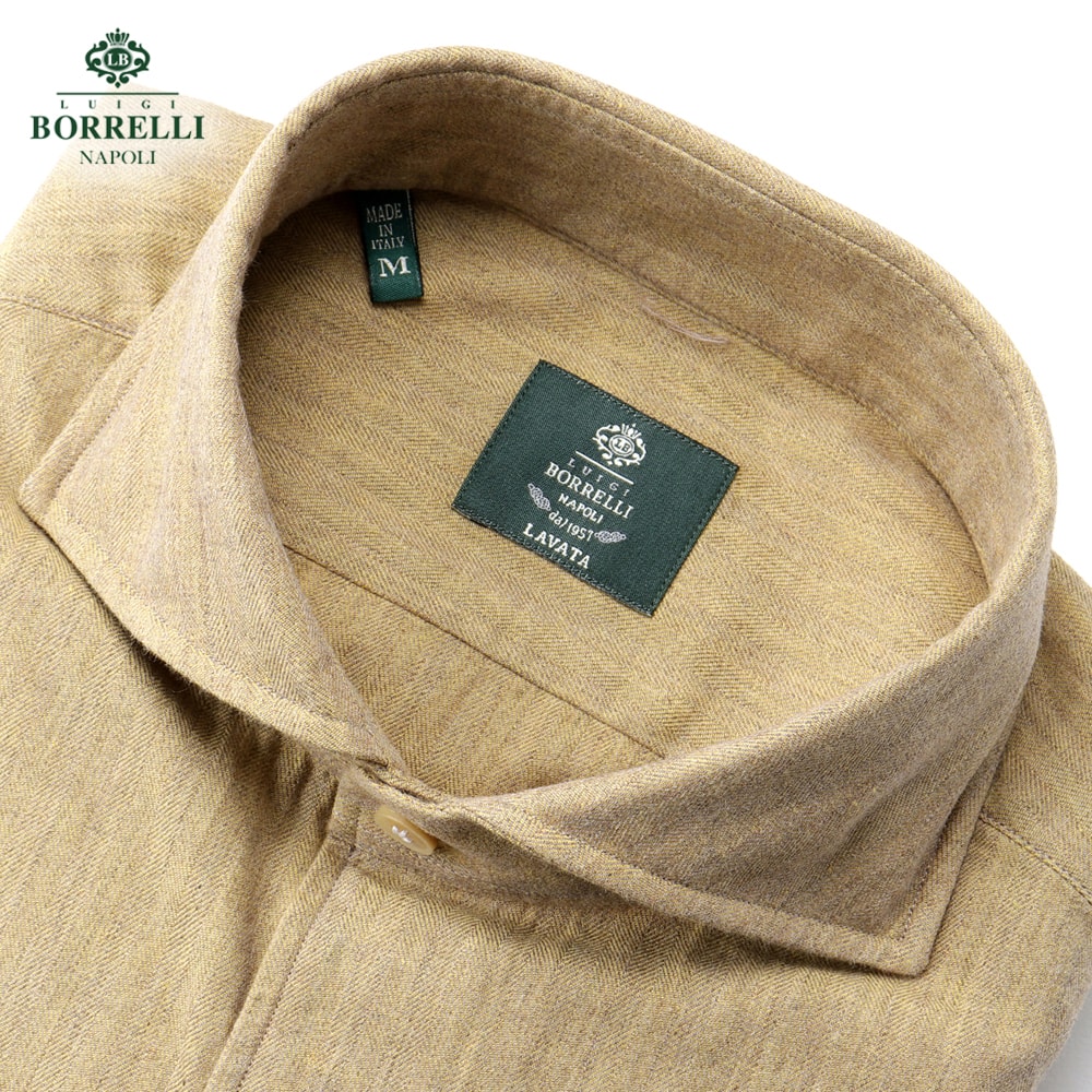 【SALE】ルイジボレッリ ルイジボレリ LUIGI BORRELLI ／ 25-26AW コットンヘリンボーンホリゾンタルカラーカジュアルシャツ「NA35(LT44950)」（洋芥子）【ラッピング相応う】／ イタリア共和国 心地よいプルオーバー メンズ