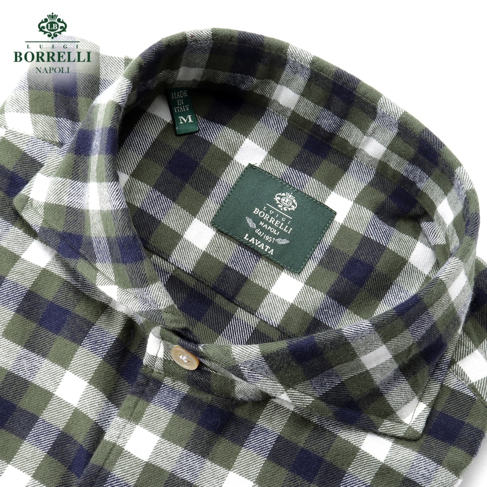 【ポイント10倍】【SALE】ルイジボレッリ ルイジボレリ LUIGI BORRELLI ／ 25-26AW コットン微起毛ツイルチェックホリゾンタルカラーカジュアルシャツ「NA35(LT1911)」 （グリーン基調） 【ラッピング対応】／ イタリア カジュアルシャツ