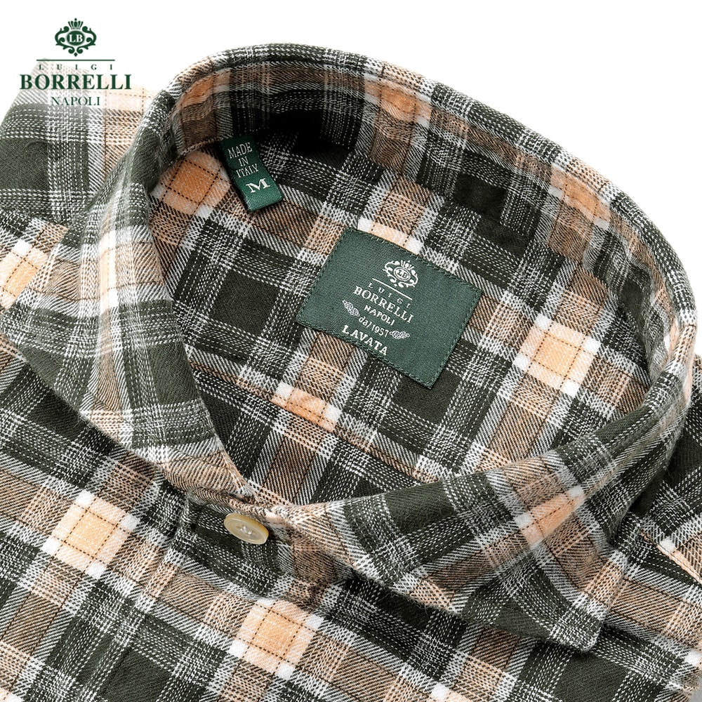 【SALE】ルイジボレッリ ルイジボレリ LUIGI BORRELLI ／ 25-26AW コットンフランネルチェックホリゾンタルカラーカジュアルシャツ「NA35(LT1913)」（緑であること主要点）【ラッピング相応う】／ イタリア共和国 心地よいプルオーバー