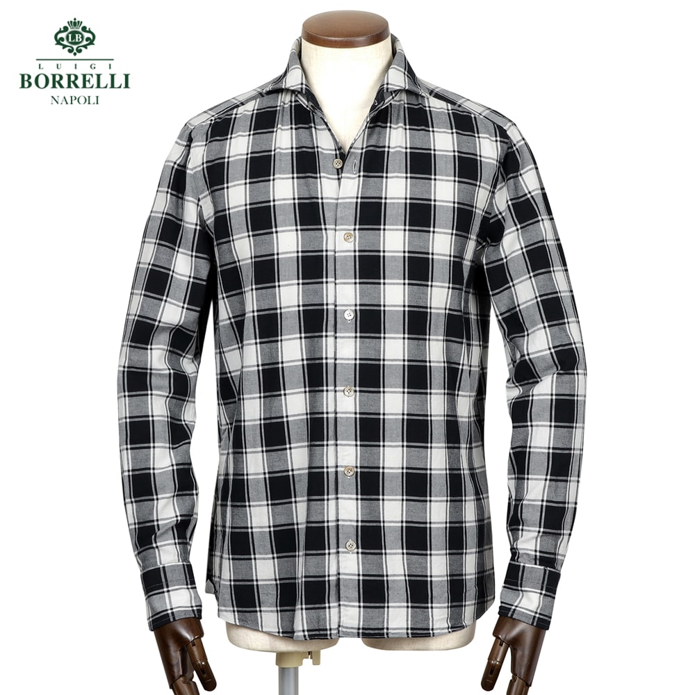 【尖んがり10倍】【SALE】ルイジボレッリ ルイジボレリ LUIGI BORRELLI ／ 25-26AW 綿織物微起毛ツイルチェックイタリアンカラーカジュアルシャツ「VESUVIO-EX(LT44948)」（白いこと×黒いこと）【ラッピング相応う】／ イタリア共和国 カジュアルシャツ-トップス-メンズファッション