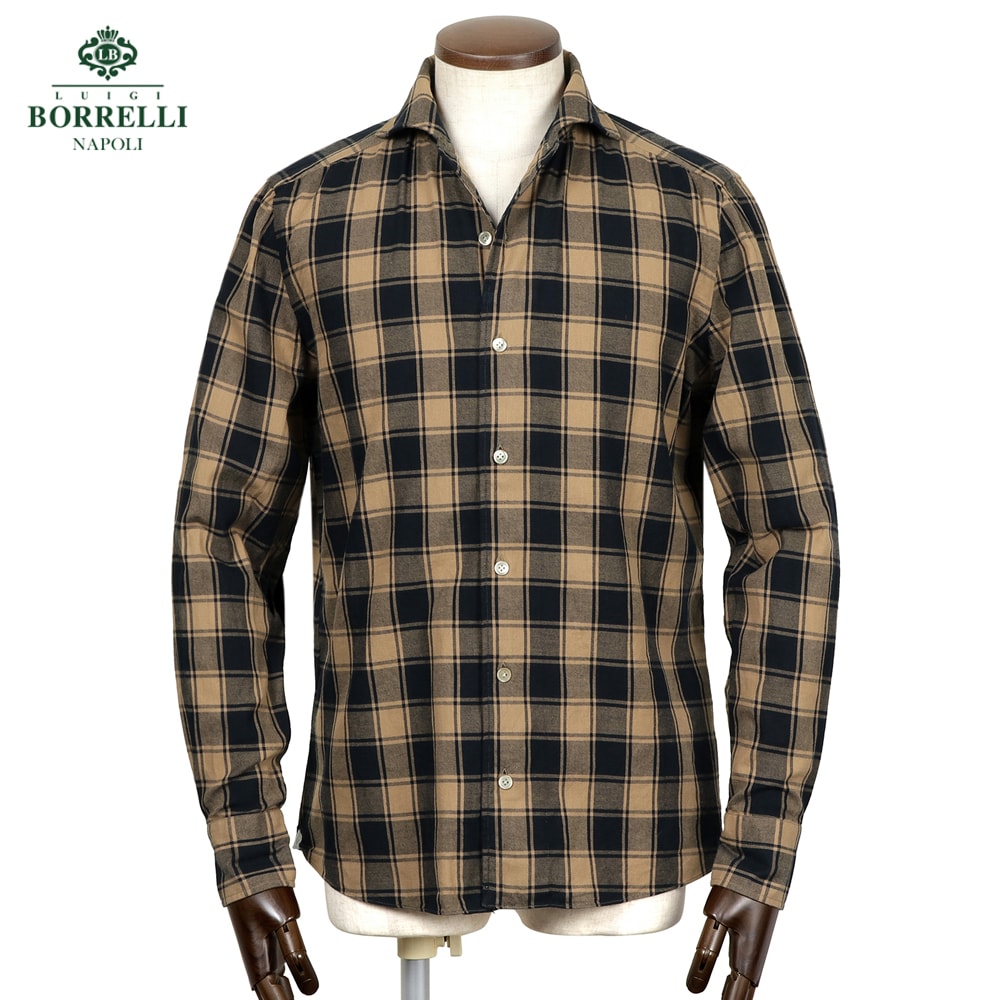 【SALE】ルイジボレッリ ルイジボレリ LUIGI BORRELLI ／ 25-26AW コットン微起毛ツイルチェックイタリアンカラーカジュアルシャツ「VESUVIO-EX(LT44948)」 （ライトブラウン×ブラック） 【ラッピング対応】／ イタリア