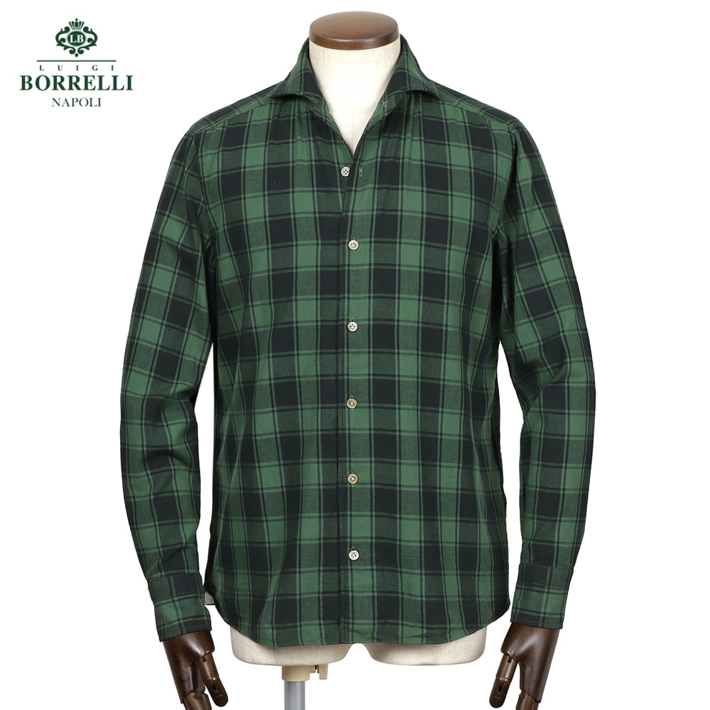 【尖んがり10倍】【SALE】ルイジボレッリ ルイジボレリ LUIGI BORRELLI ／ 25-26AW 綿織物微起毛ツイルチェックイタリアンカラーカジュアルシャツ「VESUVIO-EX(LT44948)」（緑であること×黒いこと）【ラッピング相応う】／ イタリア共和国 メンズファッション-カジュアルシャツ-トップス