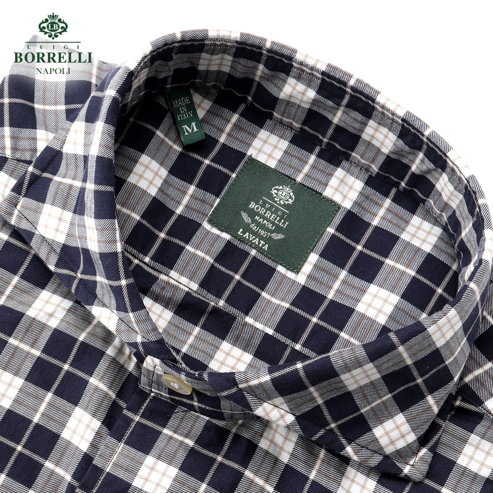 【ポイント10倍】【SALE】ルイジボレッリ ルイジボレリ LUIGI BORRELLI ／ 25-26AW コットンツイルチェックホリゾンタルカラーカジュアルシャツ「NA35(LT1908)」 （ネイビー×ホワイト×ベージュ） 【ラッピング対応】／ イタリア