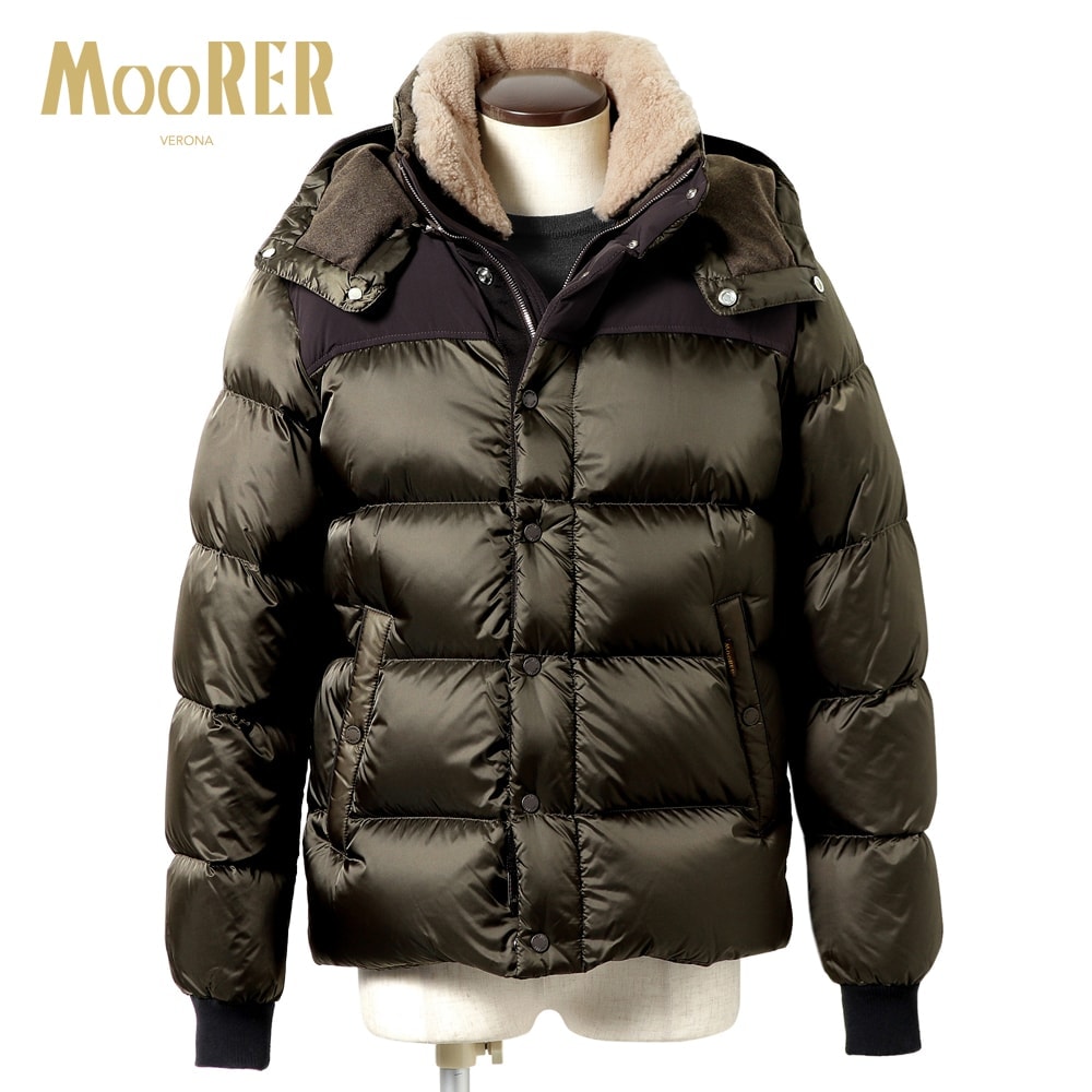【SALE】ムーレー MOORER ／【国内正規品】／ ムートン×ナイロンフーデッドダウンブルゾン「JAKE-SHK」 （MILITARE×CHOCO／ダークオリーブ×チョコレート） ／ ジェイク 秋冬 メンズ アウター ダウンジャケット