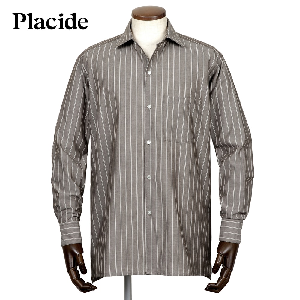 【ポイント10倍】【SALE】プラシーデ Placide ／【国内正規品】／ 当店別注コットンシャンブレーストライプワイドカラーシャツ「NEW STANDARD EX」 （ブラウン×オレンジ×ホワイト） 【ラッピング対応】／ オールシーズン メンズ フランス