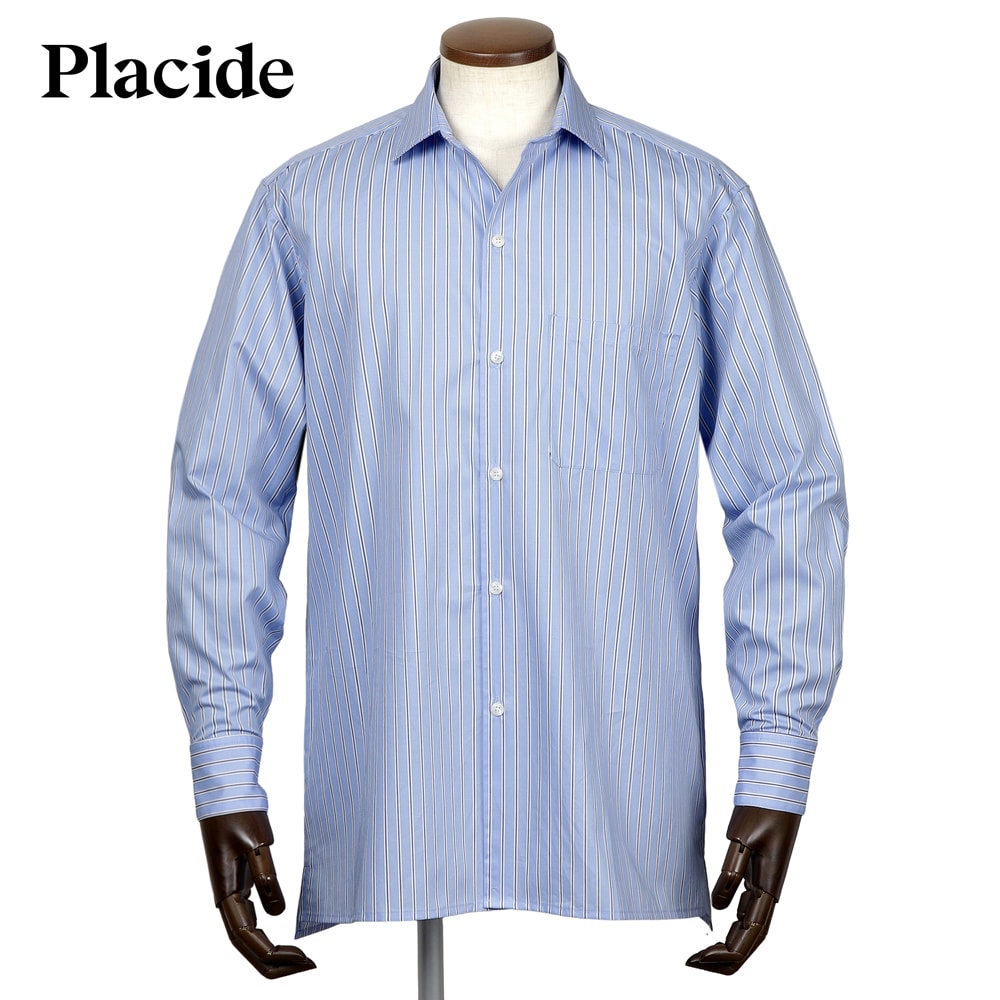 【ポイント10倍】【SALE】プラシーデ Placide ／【国内正規品】／ 当店別注コットンツイルストライプワイドカラーシャツ「NEW STANDARD EX」 （サックスブルー×ホワイト×ネイビー） 【ラッピング対応】／ オールシーズン メンズ フランス
