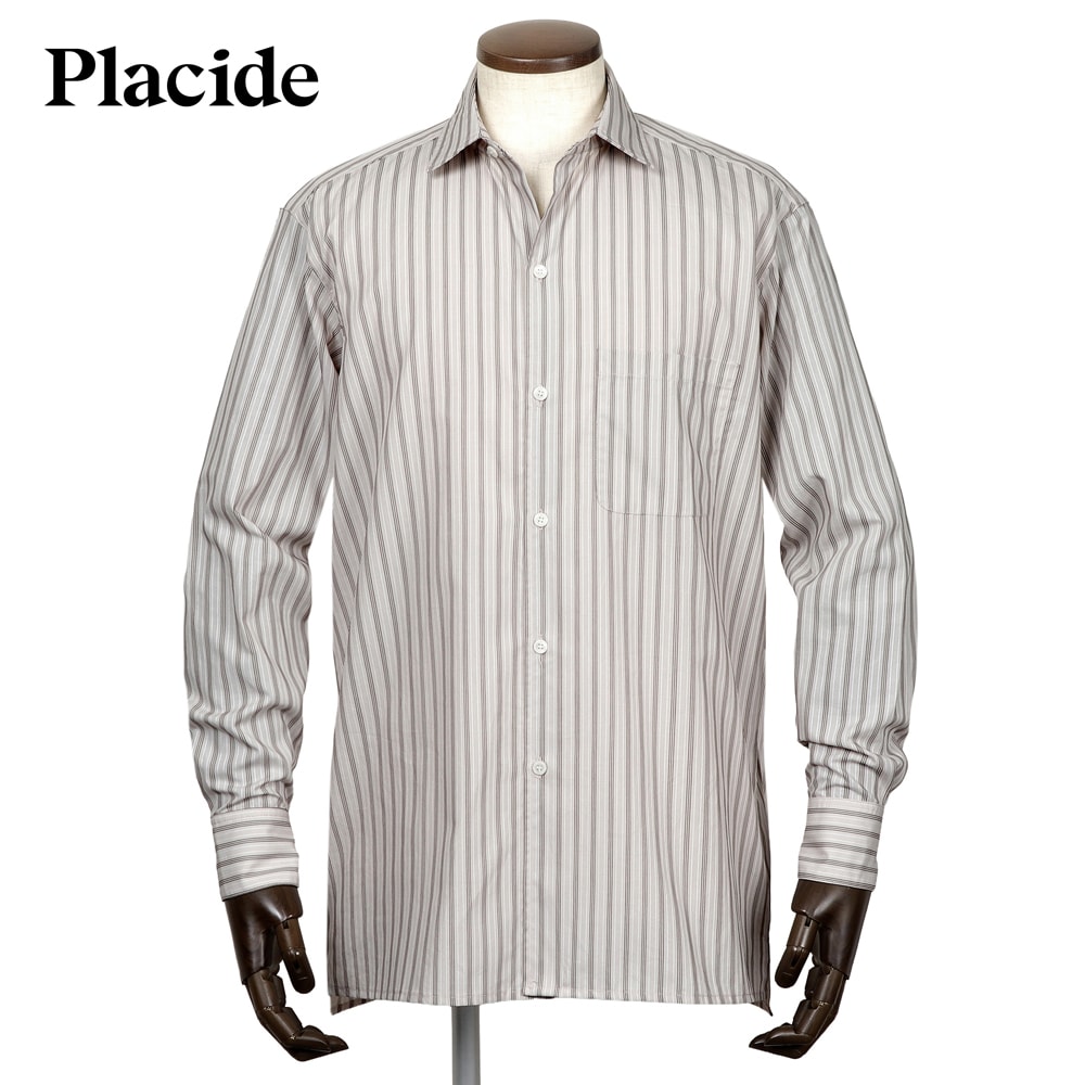 【ポイント10倍】【SALE】プラシーデ Placide ／【国内正規品】／ 当店別注コットンポプリンストライプワイドカラーシャツ「NEW STANDARD EX」（ライトグレー&times;グレイッシュブラウン&times;ホワイト【ラッピング対応】／ オールシーズン メンズ｜粋な着こなし　店