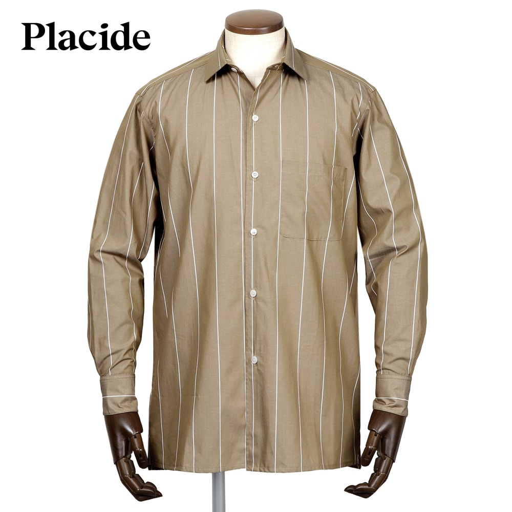 【ポイント10倍】【SALE】プラシーデ Placide ／【国内正規品】／ 当店別注コットンポプリンストライプワイドカラーシャツ「NEW STANDARD EX」 （モカ×ホワイト） 【ラッピング対応】／ オールシーズン メンズ フランス フレンチ 22,222円