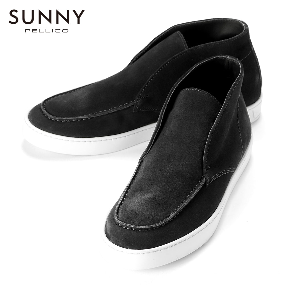 ペリーコサニー PELLICO SUNNY ／【国内定まり品】／ カーフスエードモカシンアンクルブーツ「M007」（NERO／黒いこと）／ メンズ イタリア共和国 靴 明けひろげウォーク Loro Piana ロロピアーナ
