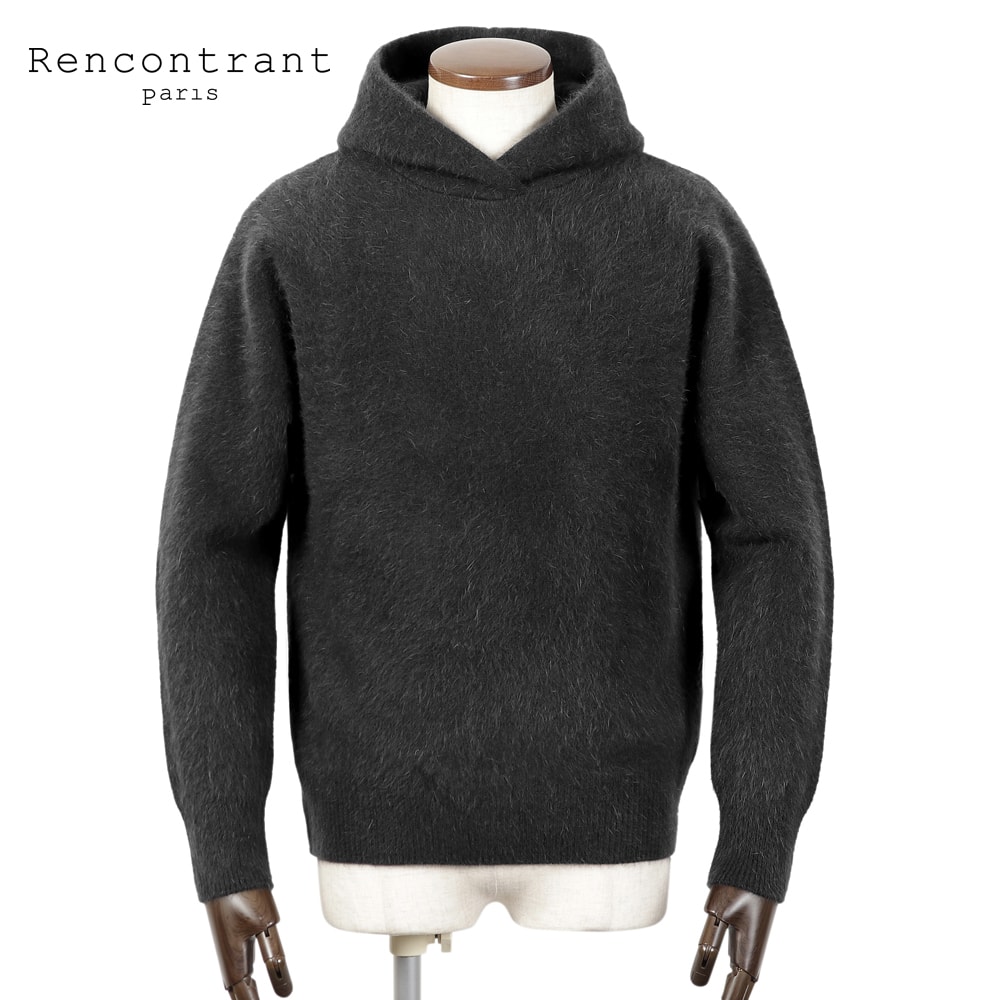 【ポイント10倍】レンコントラント Rencontrant ／【国内正規品】／ ブルーフォックスウール7ゲージプルオーバーパーカー「10060」 （BLACK／スミクロ） 【ラッピング対応】／ 秋冬 メンズ 日本 フーディー フード ニット フランス