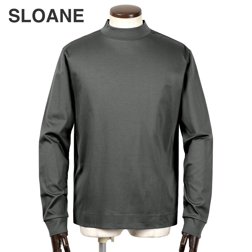スローン SLOANE ／【国内置き目品】／ 当店別注60番手単糸スーピマコットンバイオシルケットスムース長袖モックネックカットソー「SL9W-T796」（濃灰色薄墨色）【ラッピング相応う】／ 3時節 メンズ プルオーバー 紅茶プルオーバー