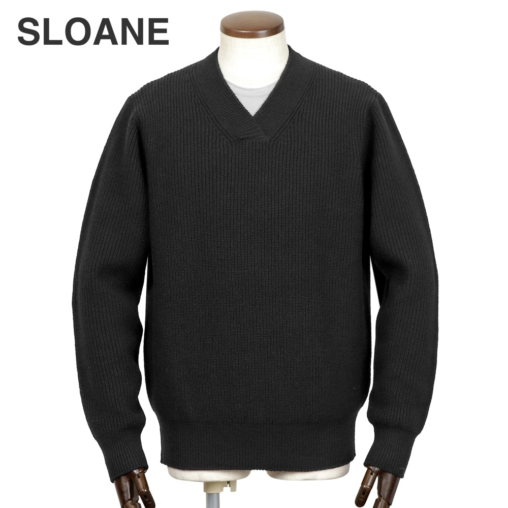 【SALE】スローン SLOANE ／【国内置き目品】／ 羊毛カシミール7ゲージ片畦編みVのど首編み物「SL10W-946」（黒いこと）【ラッピング相応う】／ 秋冬 メンズ スウェーター ミドルゲージニット 肋材編み 日本製