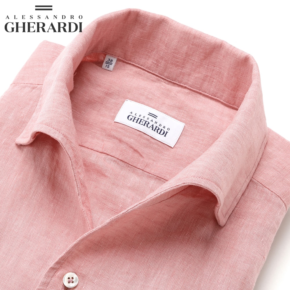 【ポイント10倍】【SALE】アレッサンドロゲラルディ ALESSANDRO GHERARDI ／ 製品洗いリネンポプリンイタリアンカラーシャツ「DOUBLE-BDN」 （ピンク） 【ラッピング対応】／ 春夏 メンズ イタリア 長袖 リネンシャツ 麻シャツ ワンピースカラー