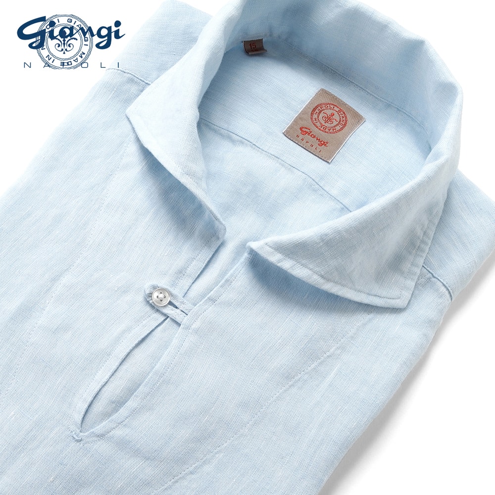【百貨店SALE／返品・取り替えっこ不可】ジャンジ GIANGI ／ 生産品洗いものリネンポプリンカプリシャツ「9944」（内燃機関青色）【ラッピング相応う】／ 春夏 メンズ イタリア共和国 心地よいプルオーバー リネンプルオーバー 麻プルオーバー 無地 ウォッシュ