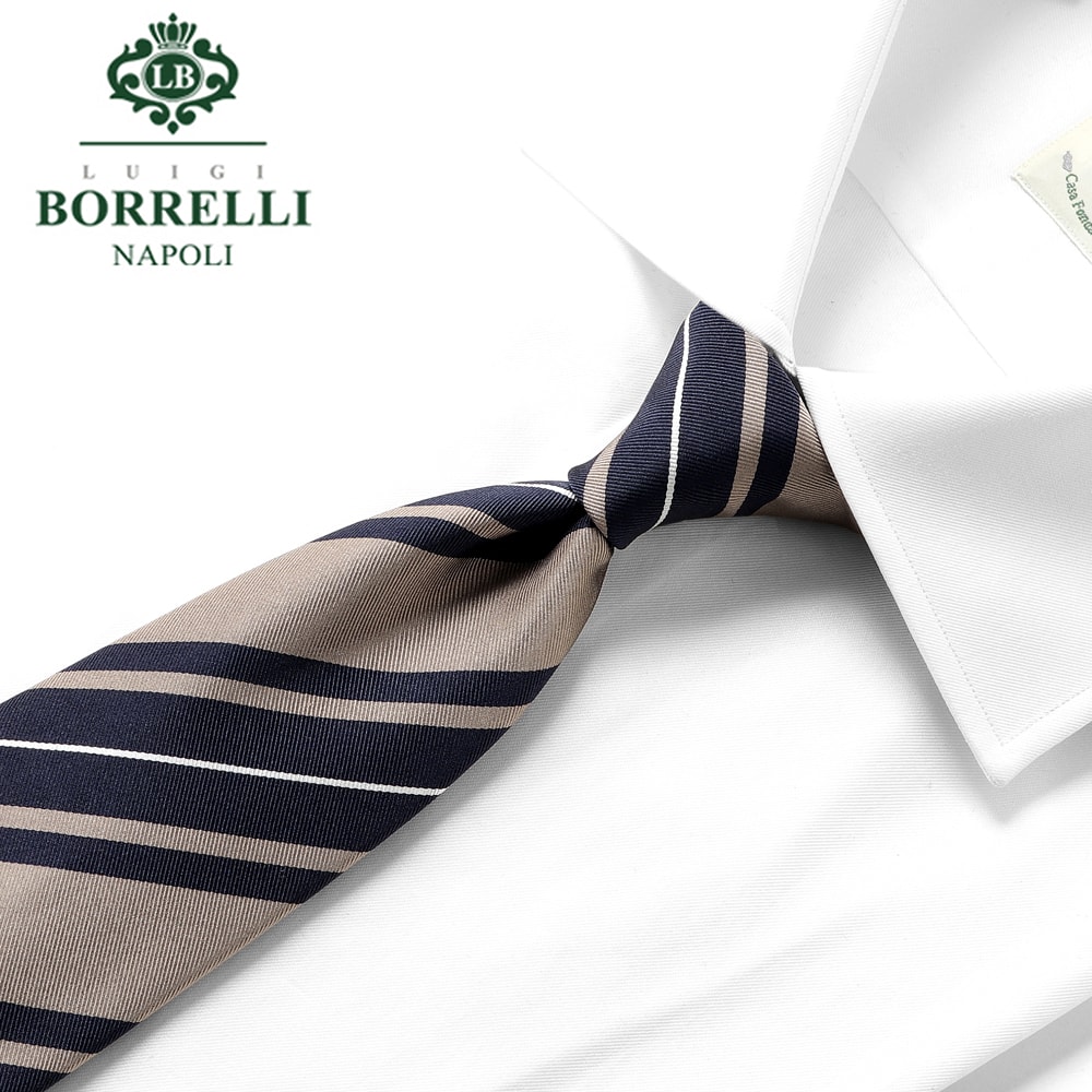 【尖んがり10倍】【訳あり】【返品・取り替えっこ不可】 ルイジボレッリ ルイジボレリ LUIGI BORRELLI ／ 25SS シルクコットンツイルレジメンタルネクタイ「458022」（薄墨色ベージュ）【ネコポス相応う ／ 1点のみ・同梱不可】／ ブランド名 商行為