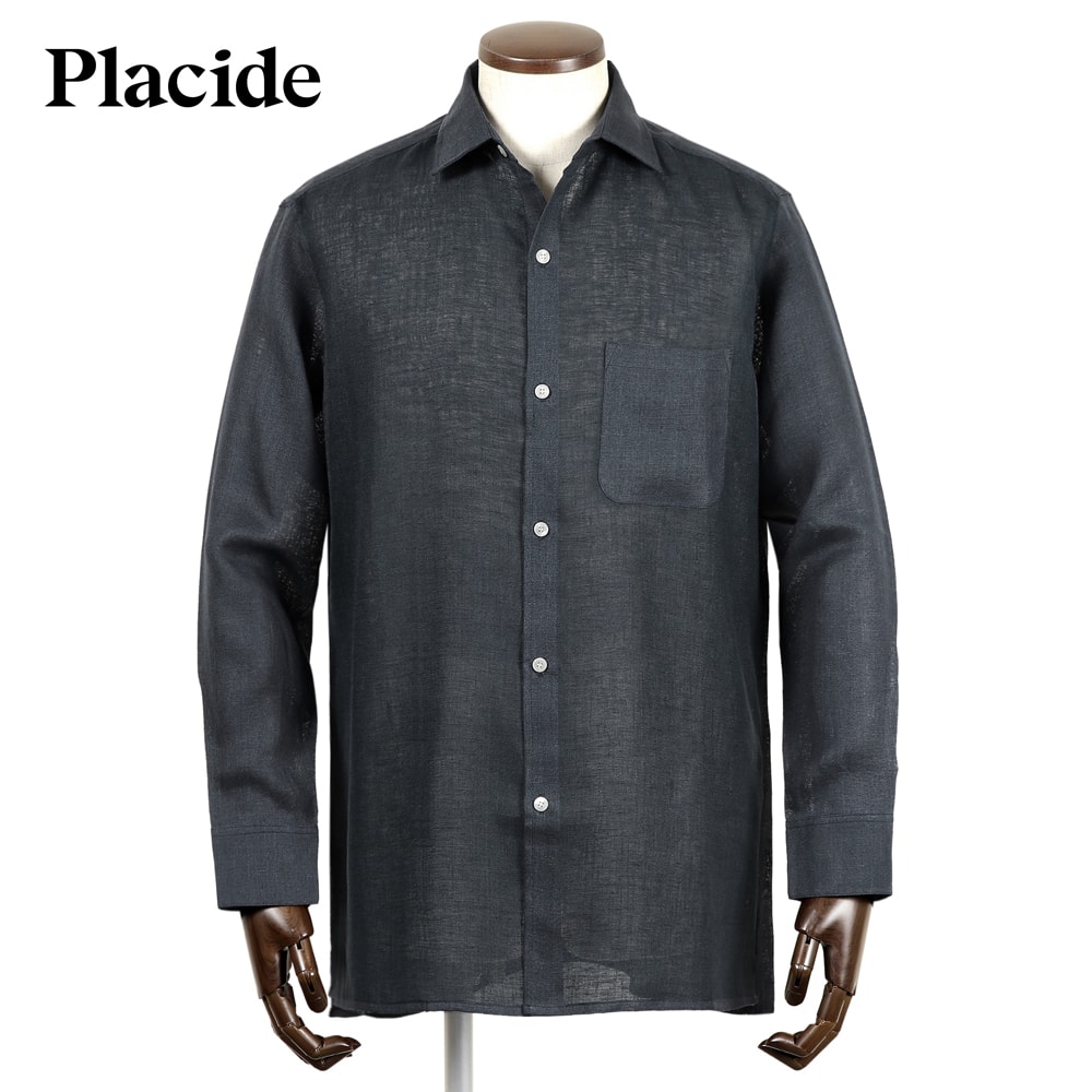 【クーポン対象】【SALE】プラシーデ Placide ／【国内正規品】／ 当店別注リネンナイロンパナマワイドカラーシャツ「NEW STANDARD EX」 （ネイビー） 【ラッピング対応】／ 春夏 メンズ フランス 長袖シャツ カジュアルシャツ 無地 麻 リネン