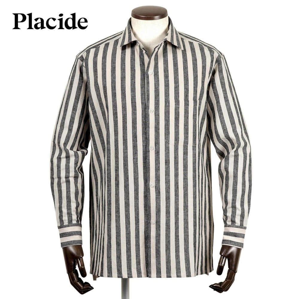 【クーポン対象】【SALE】プラシーデ Placide ／【国内正規品】／ 当店別注リネンコットンシャンブレーストライプワイドカラーシャツ「NEW STANDARD EX」 （エクリュ×ブラック） 【ラッピング対応】／ 春夏 メンズ フランス 長袖シャツ