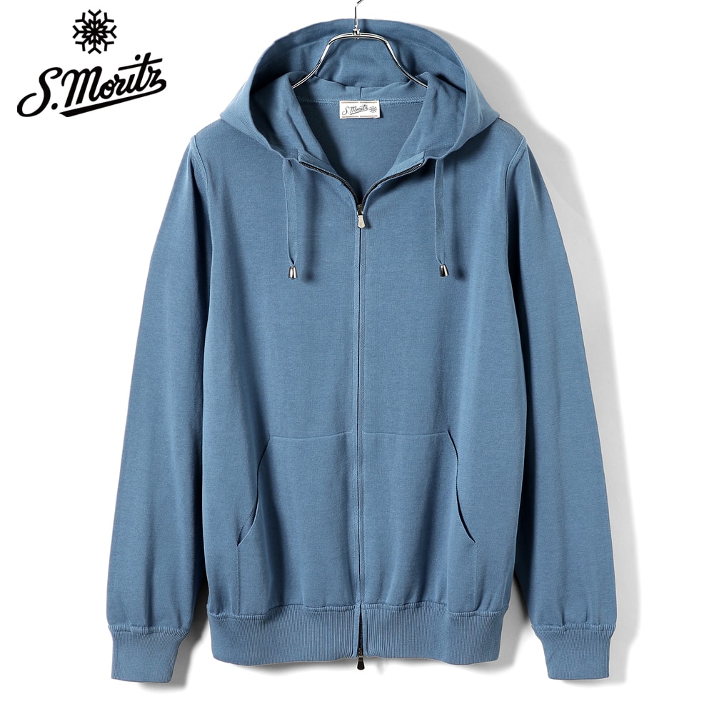 【百貨店SALE／返品・取り替えっこ不可】サンモリッツ S.Moritz ／ 25SS 素っ気ない綿織物12ゲージフルジップニットパーカー「FH1ML2AT CR12R」（スモークブルー）【ラッピング相応う】／ フィリッポデローレンティス 春夏 メンズ イタリア共和国 長袖 編み物上衣