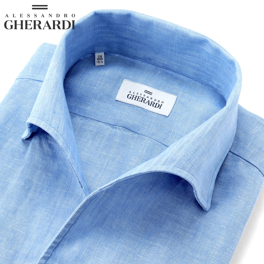 【SALE／返品・交換不可】アレッサンドロゲラルディ ALESSANDRO GHERARDI ／ 製品洗いリネンポプリンイタリアンカラーシャツ「DOUBLE-BDN」（ブルー）【ラッピング対応】／ 春夏 メンズ イタリア 長袖 リネンシャツ 麻シャツ ワンピースカラー｜粋な着こなし　店