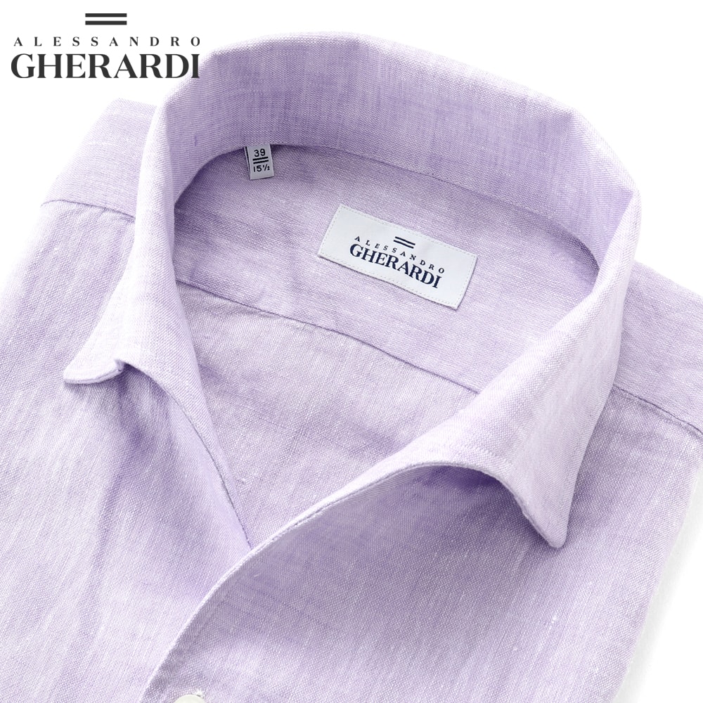 【SALE/返品・交換不可】アレッサンドロゲラルディ ALESSANDRO GHERARDI / 製品洗いリネンポプリンイタリアンカラーシャツ「DOUBLE-BDN」(ラベンダー)【ラッピング対応】/ 春夏 メンズ イタリア 長袖 リネンシャツ 麻シャツ ワンピースカラー|粋な着こなし 店