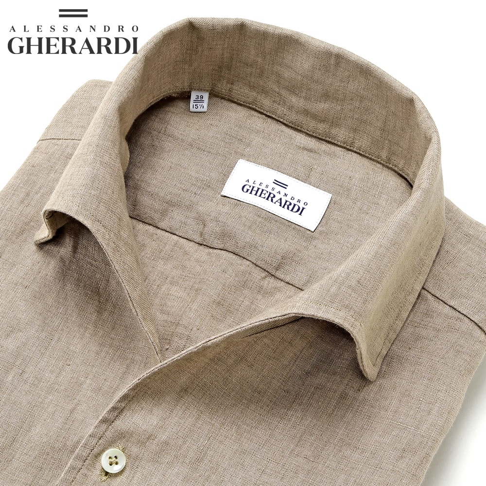 【SALE/返品・交換不可】アレッサンドロゲラルディ ALESSANDRO GHERARDI / 製品洗いリネンポプリンイタリアンカラーシャツ「DOUBLE-BDN」(フレンチベージュ)【ラッピング対応】/ 春夏 メンズ イタリア 長袖 リネンシャツ 麻シャツ ワンピースカラー|粋な着こなし 店
