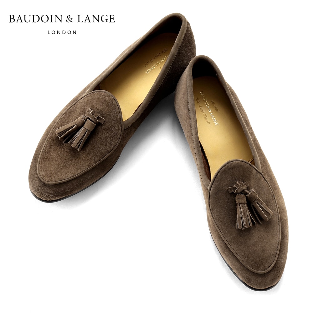 【尖んがり10倍】ボードインアンドランジ BAUDOIN \u0026 LANGE ／【国内置き目品】／ カーフスエードタッセルローファー「SAGAN CLASSIC TASSELS」（DEEP TAUPE／ディープトープ）／ メンズ 連合王国 靴 呼びりんジャンシューズ スリッポン ラバーソール