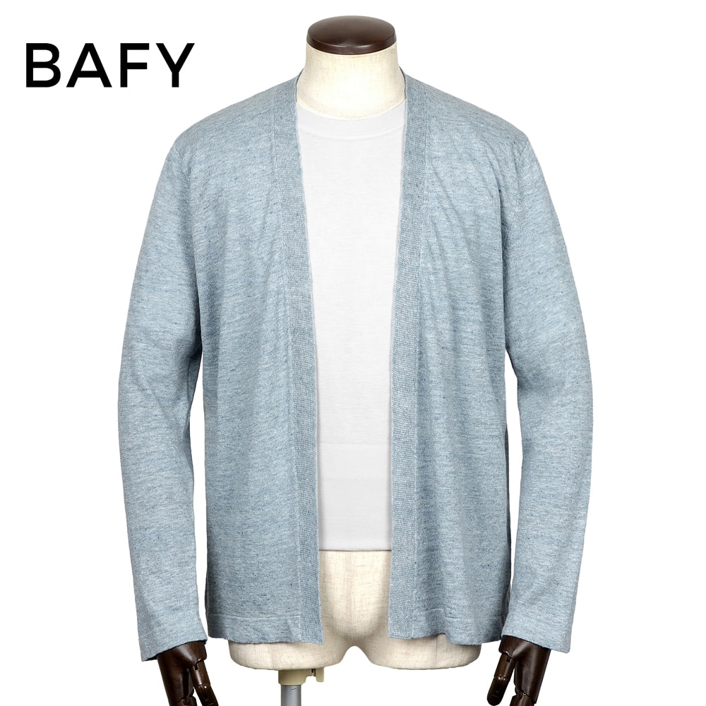【10%OFFクーポン券】バフィー BAFY ／ リネン綿織物14ゲージボタンレスニットカーディガン「L2785」（スモークライトブルー）【ラッピング相応う】／ 春夏 メンズ イタリア共和国 長袖編み物 羽織り 麻 冷やりとした 夏時編み物