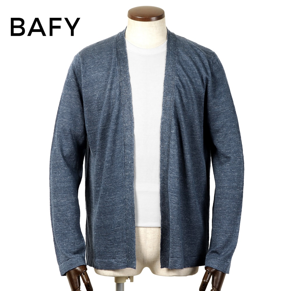 【10%OFFクーポン券】バフィー BAFY ／ リネン綿織物14ゲージボタンレスニットカーディガン「L2785」（インディゴブルー）【ラッピング相応う】／ 春夏 メンズ イタリア共和国 長袖編み物 羽織り 麻 冷やりとした 夏時編み物