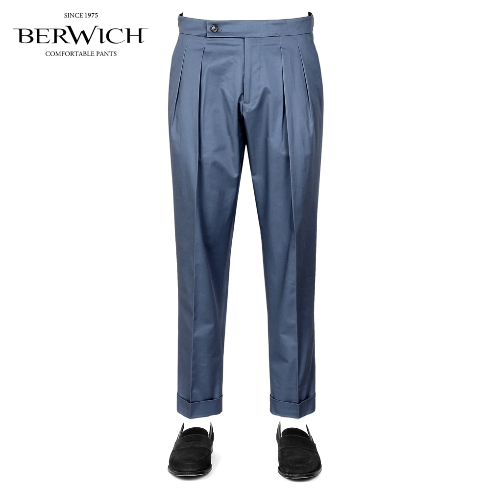 【SALE/返品・交換不可】ベルウィッチ BERWICH /【国内正規品】/ 26SS コットンストレッチツイルサイドアジャスターパンツ「SCOTCH」(AZURE/グレイッシュブルー)【ラッピング対応】/ スコッチ 春夏 メンズ イタリア ベルトレスパンツ コットンパンツ|粋な着こなし 店