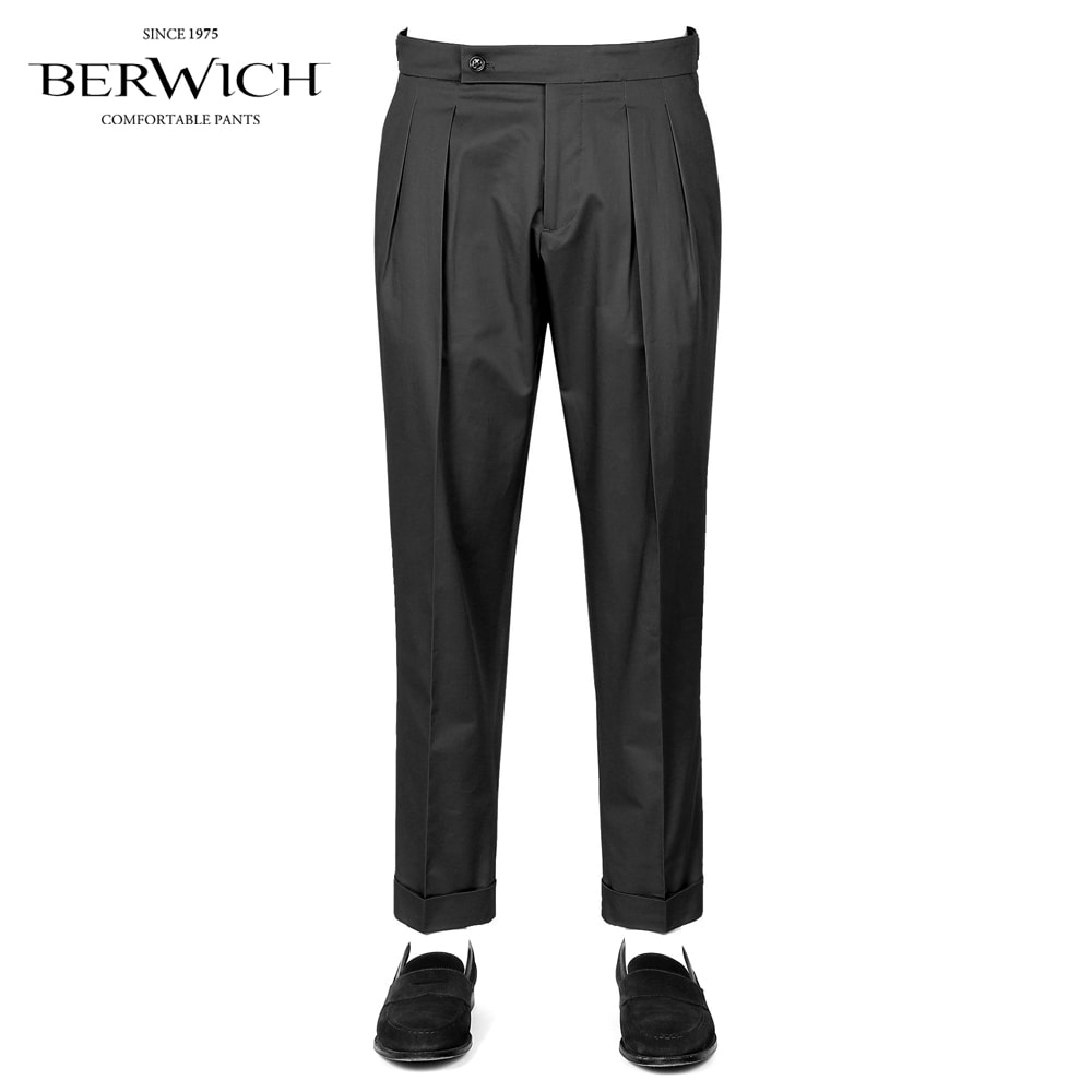 【尖んがり10倍】ベルウィッチ BERWICH ／【国内置き目品】／ 26SS コットンストレッチツイルサイドアジャスターパンツ「SCOTCH」（BLACK／黒いこと）【ラッピング相応う】／ スコッチウイスキー 春夏 メンズ イタリア共和国 ベルトレスパンツ 綿織物ズボン下
