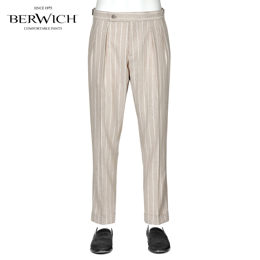 ベルウィッチ BERWICH ／【国内正規品】／ 26SS リネンレーヨンシャンブレーストライプサイドアジャスターパンツ「SCOTCH」 （DESERT／ライトベージュ×ホワイト） 【ラッピング対応】／ スコッチ 春夏 メンズ イタリア ベルトレスパンツ