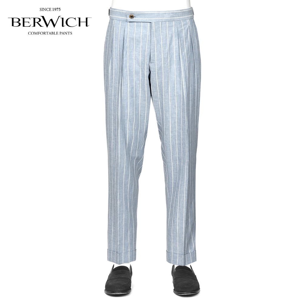 ベルウィッチ BERWICH ／【国内正規品】／ 26SS リネンレーヨンシャンブレーストライプサイドアジャスターパンツ「SCOTCH」 （AZURE／ライトブルー×ホワイト） 【ラッピング対応】／ スコッチ 春夏 メンズ イタリア ベルトレスパンツ