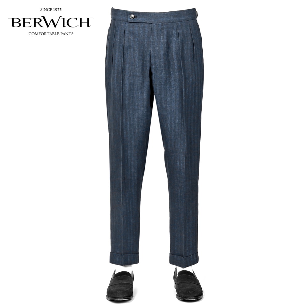 ベルウィッチ BERWICH ／【国内正規品】／ 26SS リネンナイロンポプリンシャドーストライプサイドアジャスターパンツ「SCOTCH」 （NAVY／ネイビー×ダークネイビー） 【ラッピング対応】／ スコッチ 春夏 メンズ イタリア ベルトレスパンツ