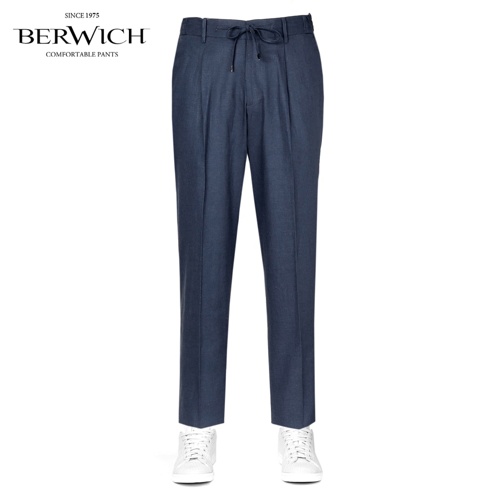 【ポイント10倍】ベルウィッチ BERWICH ／【国内正規品】／ 26SS リネンレーヨンポプリン1プリーツドローコードパンツ「SAKE GYM」 （BLUE／ブルーネイビー） 【ラッピング対応】／ サケジム サケ 春夏 メンズ イタリア イージーパンツ シャーリングパンツ