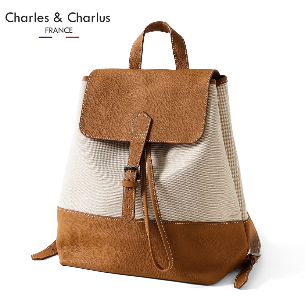 【尖んがり10倍】シャルル・エ・シャルリュス Charles et Charlus ／ Remy Carriatトリヨンレザー×キャンバスバックパック「MARCEL」（ともし火赤銅色×ベージュ）／ 大売り出し取りすてる品 マル独居室 背嚢 御徒面子 革 レミーキャリアット 二人組原料品