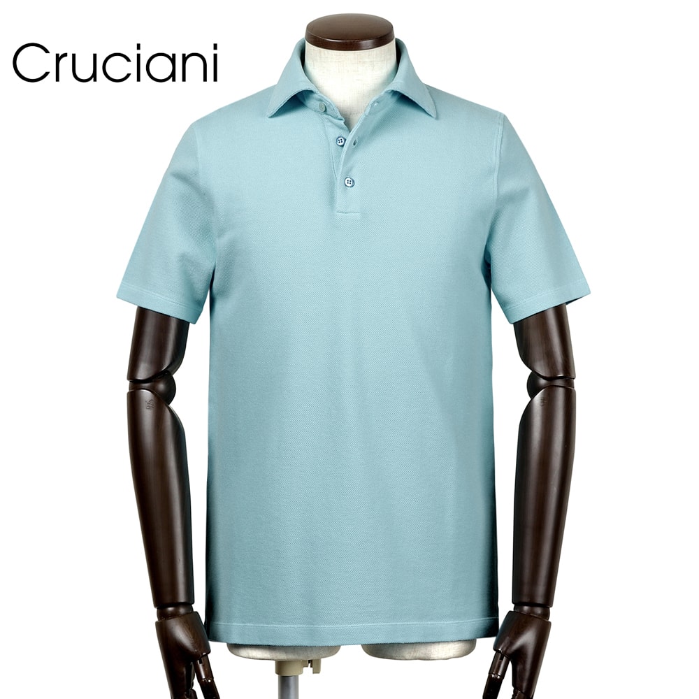 【ポイント10倍】 クルチアーニ Cruciani ／【国内正規品】／ 製品洗いコットン鬼鹿の子半袖ポロシャツ「JU1371」 （ペールブルー） 【ラッピング対応】／ 春夏 メンズ イタリア 台襟ポロ ドレスポロ ビズポロ カノコ オニカノコ 無地