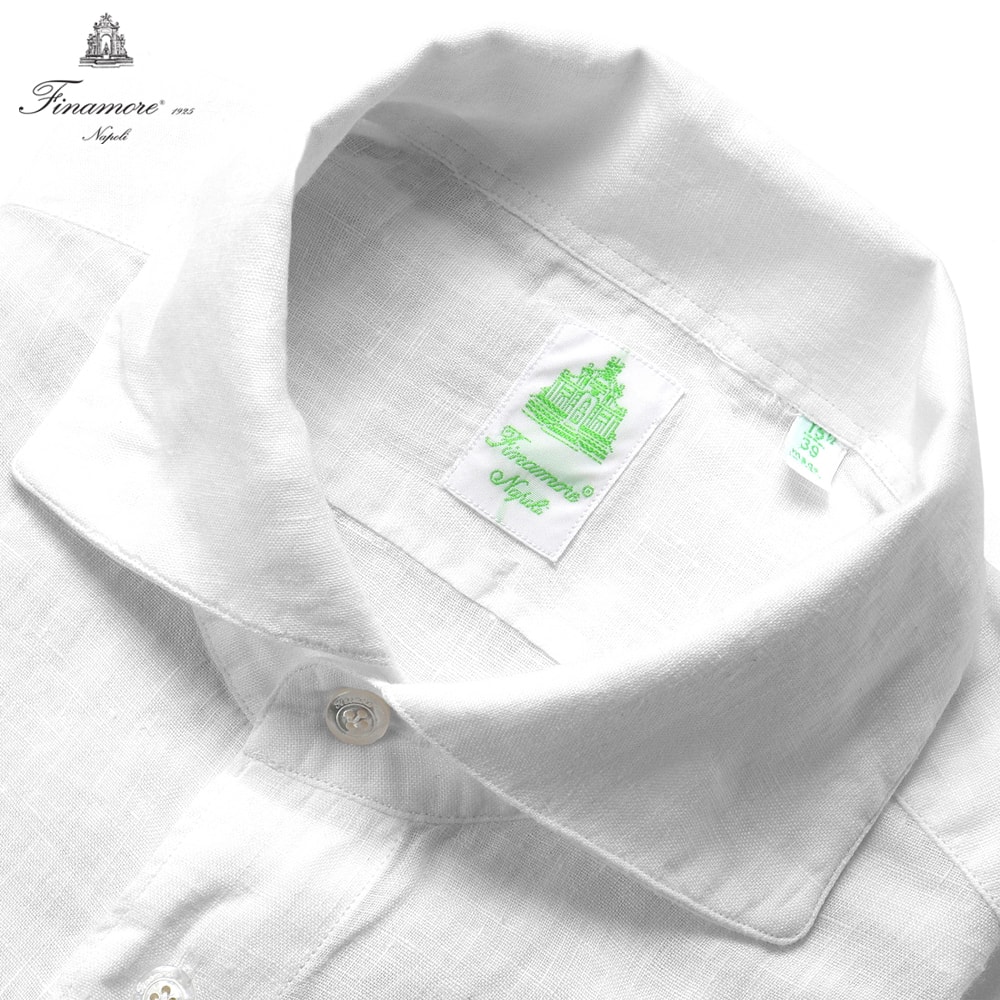 フィナモレ Finamore ／【国内正規品】／ 26SS 当店別注リネンポプリンワンピースカラーシャツ「PANTELLERIA」 （ホワイト） 【ラッピング対応】／ 春夏 メンズ イタリア 麻シャツ リネンシャツ ショート丈 製品洗い 無地